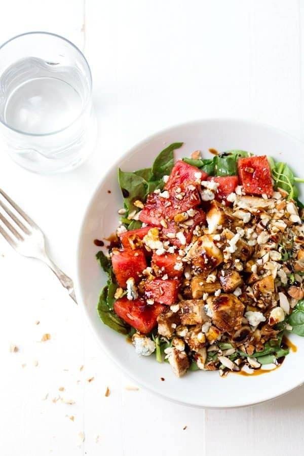 Balsamic Watermelon Chicken Salad in a bowl.