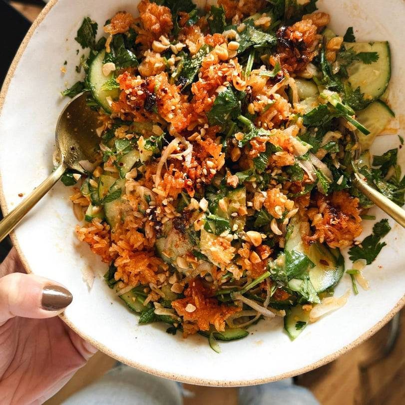 Crispy rice salad in a bowl.