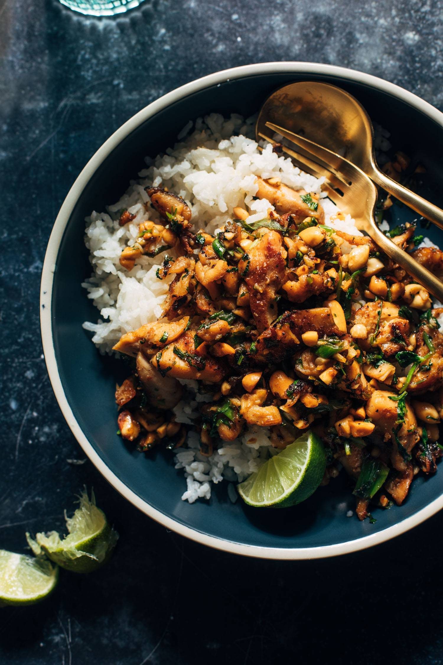 Coconut chicken and rice in a bowl.