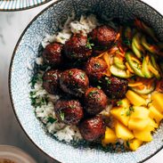 A picture of Sticky Ginger Rice Bowls with Pickled Veg and Mango